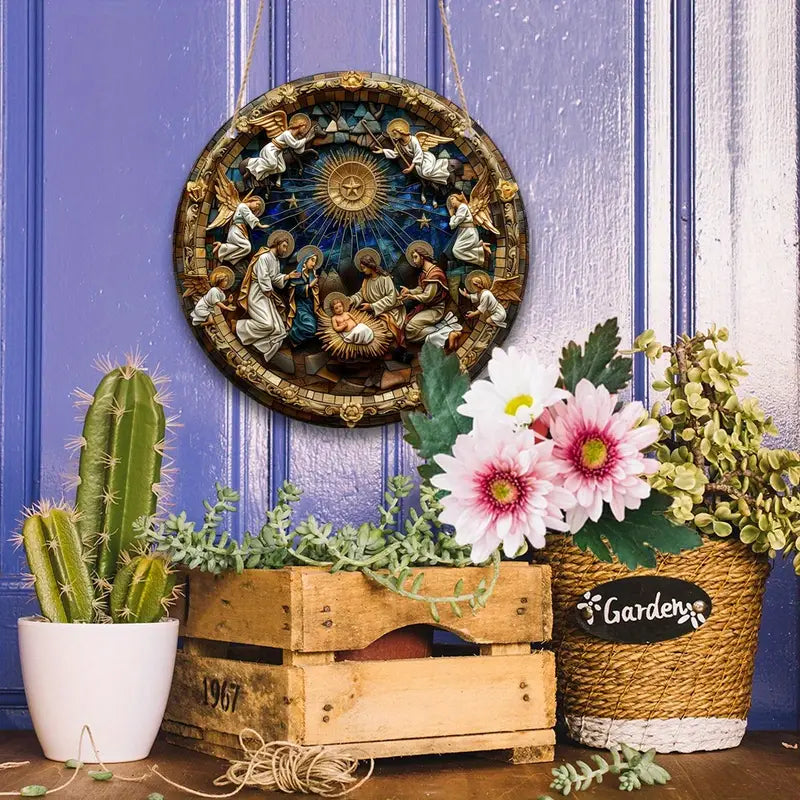 Presépio de Resina Placa de Madeira Ninho Divino