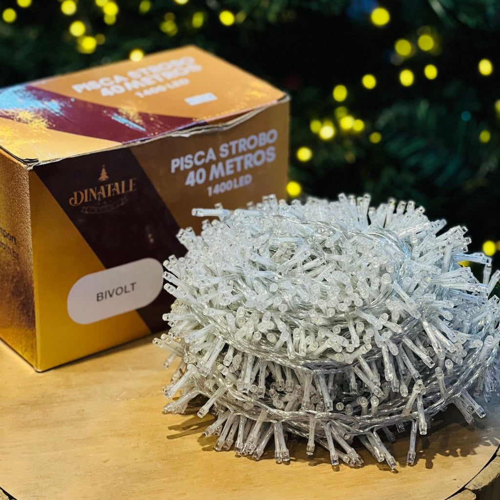 Pisca Estrobo 40 Metros - 1400leds Fio Transparente Branco Quente (bivolt)